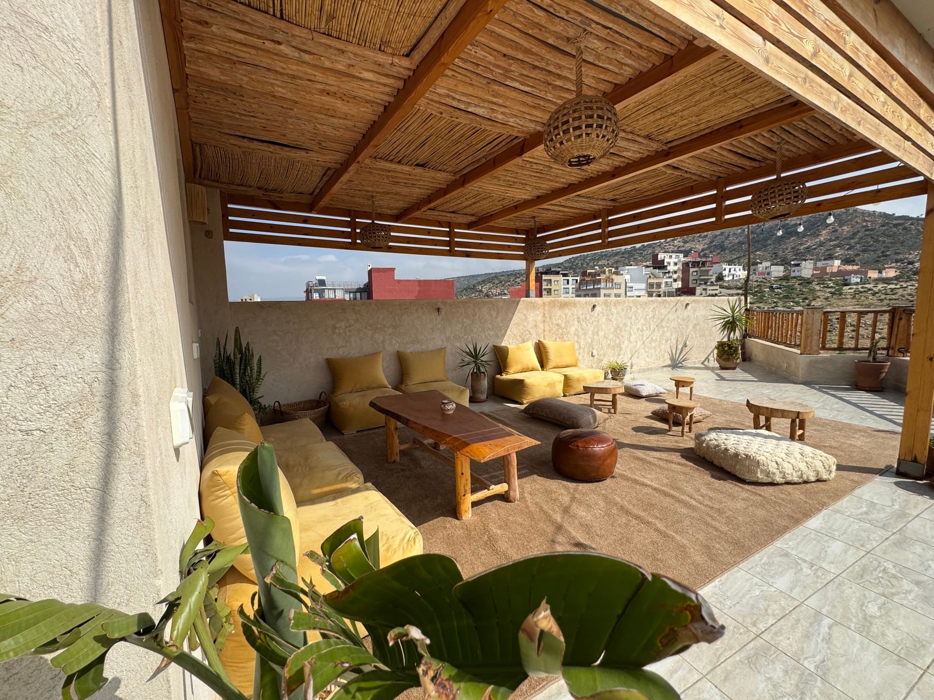 Rooftop lounge terrace at Oahu Surf Maroc